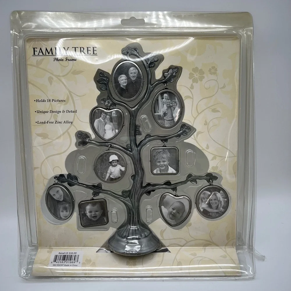 Family Tree Photo Frame Display NIB Silver 18 Picture Lead-Free Zinc Alloy Decor
